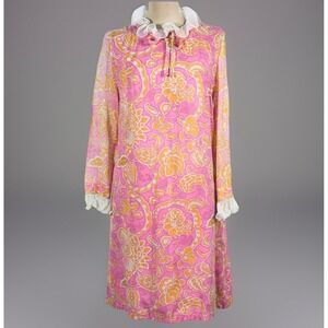 Vintage 1960s Stacy Ames‎ Pink Orange Floral Mod Dress Ruffle Collar ILGWU Union